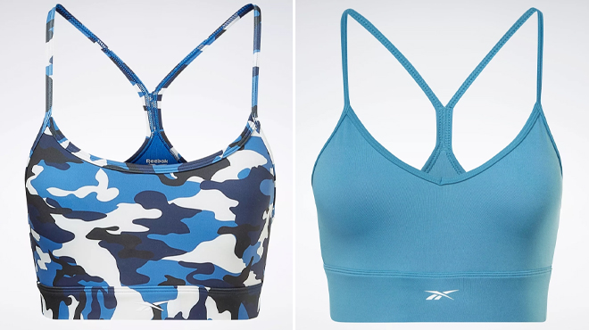 Reebok Lux Skinny Strap Camo Print Sports Bra and Workout Ready Sports Bra