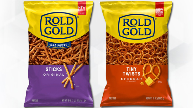 Rold Gold 16 oz Pretzel Sticks 16oz Bag on the left and Rold Gold Tiny Twists Pretzels 10oz Bag on the right