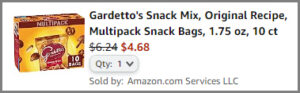 Screenshot of Gardettos Snack Mix Multipack Snack Bags 10 Count Discounted Final Price at Amazon Checkout