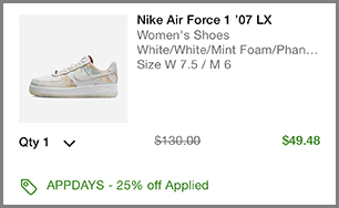 Screenshot of Nike Air Force 1 Womens Shoes Discounted Final Price with Promo Code at Nike App