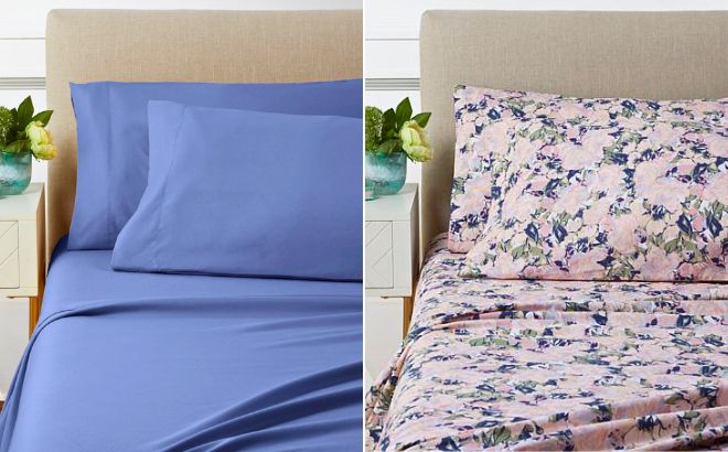 South Street Microfiber Sheet in Blue Color on the Left Side and on the Right side in Floral Garden Color