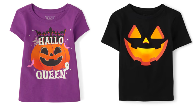 TCP Glow In The Dark Baby And Toddler Girls Glow Hallo Queen Graphic Tee and Baby And Toddler Boys Jack O Lantern Face Graphic Tee