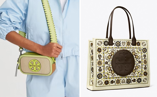 TORY BURCH MINI MILLER RAFFIA CROSSBODY BAG AND ELLA PRINTED TOTE