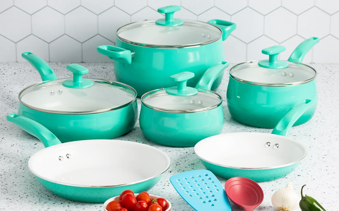 16-Piece Ceramic Kitchen Cookware Pots and Frying Sauce Sauté Pans Set,  Turquoise