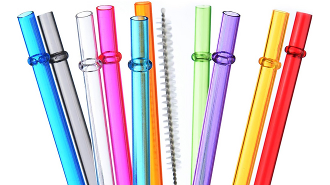 Ten Rainbow Colored Reusable Plastic Straws with Straw Brush