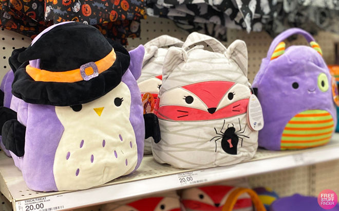 Three Halloween Squishmallows Trick or Treat Pails on a Shelf at Target Store