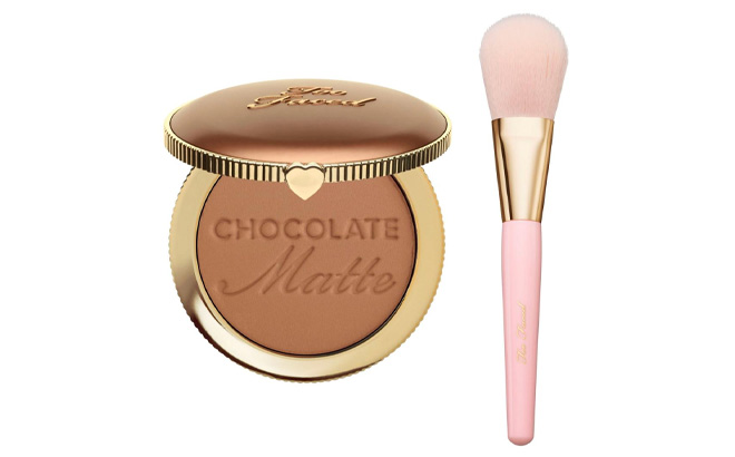 Too Faced Chocolate Matte Bronzer and Powder Brush Set on a Plain Background