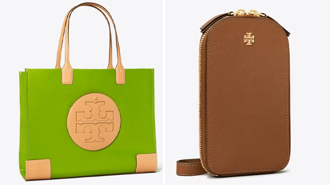 Tory Burch Ella Tote Bag in Wheatgrass and Tory Burch Emerson Phone Crossbody in Moose