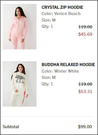 True Religion Hoddies Checkout Screen