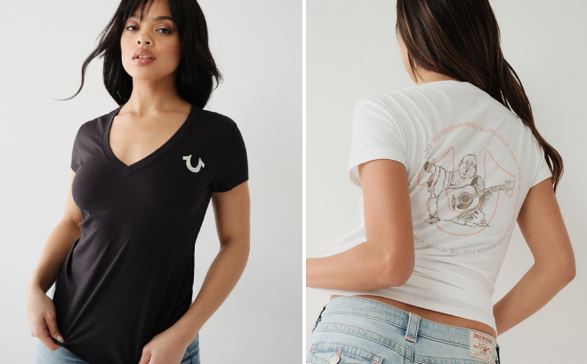 True Religion Womens Horseshoe and Buddha Logo V Tees