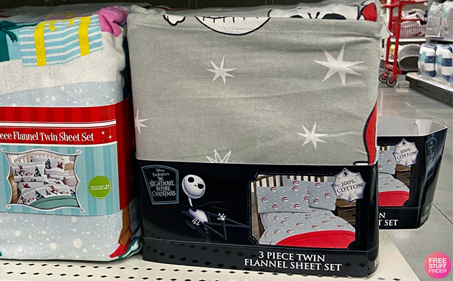 Twin Disney Nightmare Before Christmas Santa Claws Flannel Rotary Sheet Set Red and Gray on a Shelf at Target