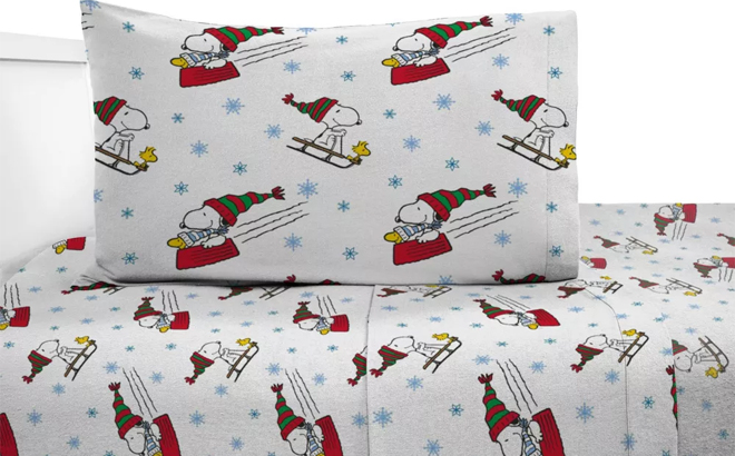 Twin Peanuts Sledding All The Way Flannel Sheet Set