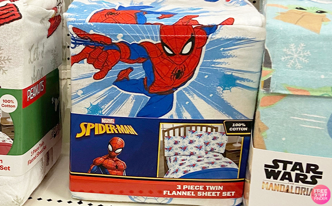 Twin Spider Man Snow Shooter Flannel Sheet Set on a Shelf at Target