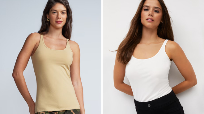 Two Women Wearing New York Company Cotton Skinny Strap Tank Top in Latte Color on the Left and White on the Right