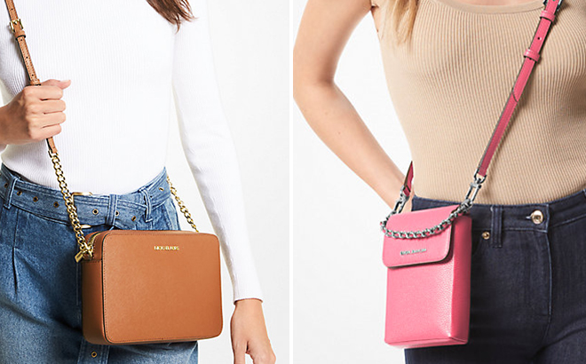 Two Women Wearing the Michael Kros Jet Set Large Saffiano Leather and Small Pebbled Leather Chain Link Smartphone Crossbody Bags