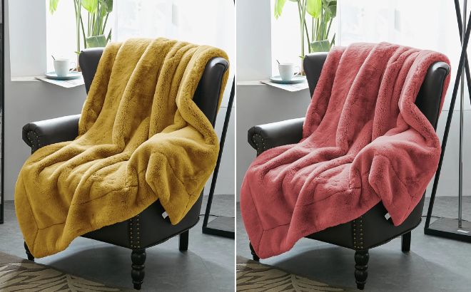Unbranded Heavy Faux Fur Throw in Lemon Curry Color on the Left side and in Coral Spice Color on the Right Side