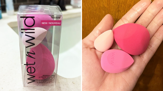 Wet n Wild 3 Piece Makeup Sponge Set on the Left and a Hand Holding the Same Item on the Right