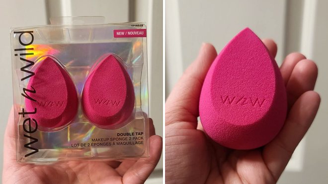 Wet n Wild Double Tap 2 Piece Makeup Sponge Set on the Left and a Hand Holding the Same Item on the Right