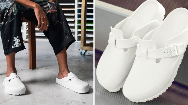 Woman Wearing Birkenstock Boston EVA Clogs in White Color on the Left and a Pair of Same Item on the Right