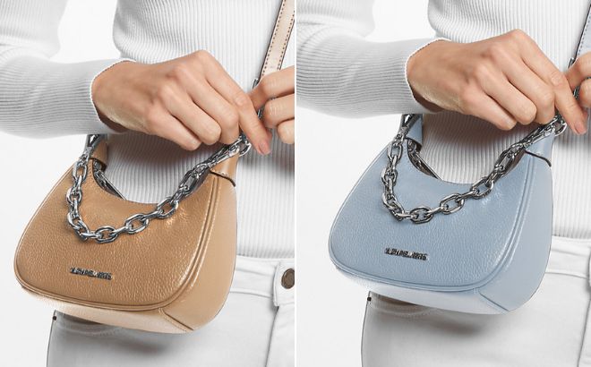 Woman is Wearing Michael Kors Cora Extra Small Pebbled Leather Shoulder Bag in Camel and Pale Blue Color