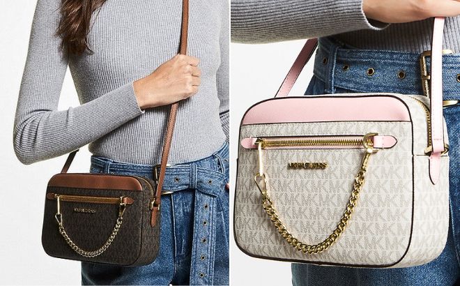 Woman is Wearing Michael Kors Jet Set Large Logo Crossbody Bag in Brown and PWD Color