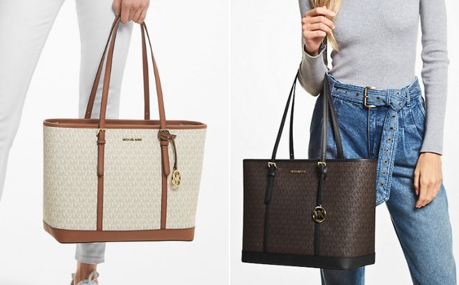 Woman is Wearing Michael Kors Jet Set Travel Large Logo Tote Bag in Vanilla Color and BrownBlk