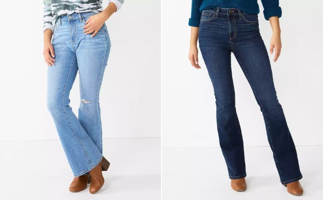 Woman is Wearing Sonoma Goods For Life High Waisted Flare Leg Jeans in Light and Dark Wash Color