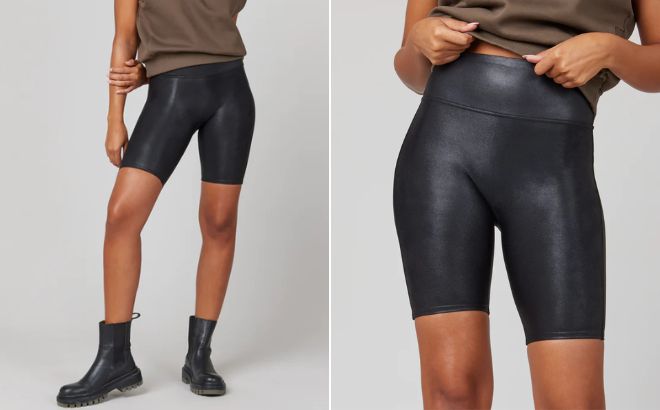 Woman is Wearing Spanx Faux Leather Bike Short in Black Color