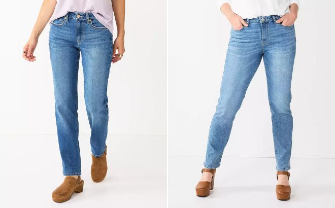 Woman is Wearing Straight Leg High Waisted Curvy Jeans in Medium and Hamblin Color