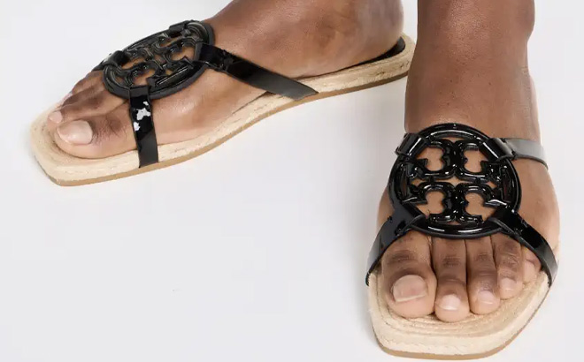 Woman is Wearing Tory Burch Bombe Miller Leather Espadrille Sandals in Black Color