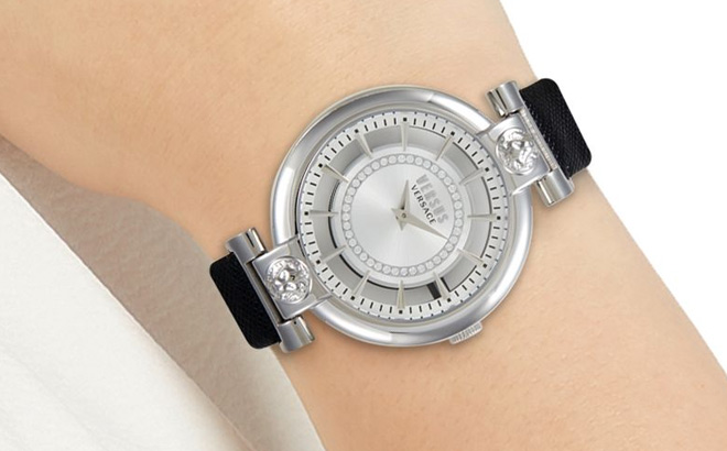 Woman is Wearing Versus Versace Stainless Steel Case Leather Strap Watch