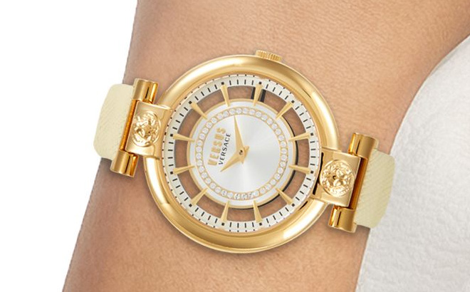 Woman is Wearing Versus Versace Stainless Steel Leather Strap Embellished Watch