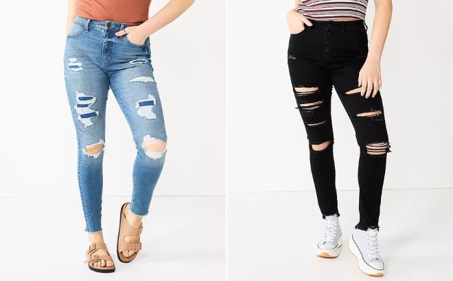 Woman is Wearing a Juniors SO Super High Rise Jeggings in Med Destructed Color on the Left Side and in Black Color on the Right Side