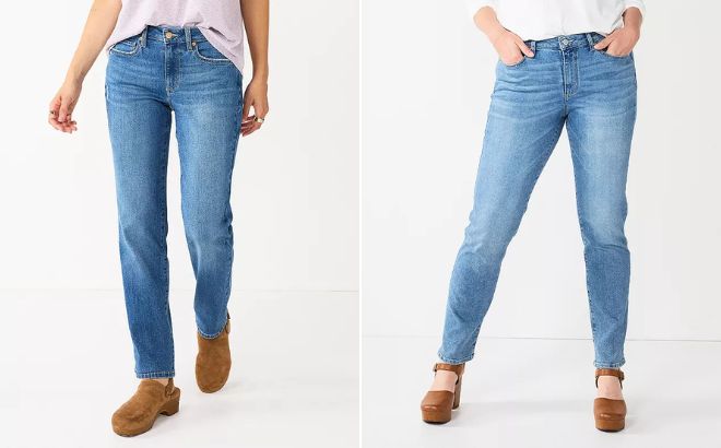 Woman is Wearing a Sonoma Goods For Life Straight Leg High Waisted Jeans in Medium Color on the Left Side and in Hamblin Color on the Right Side