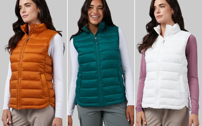 Women are Wearing a Lightweight Recycled Poly Fill Packable West in Pumpkin Spice Forest Biome and White Colors