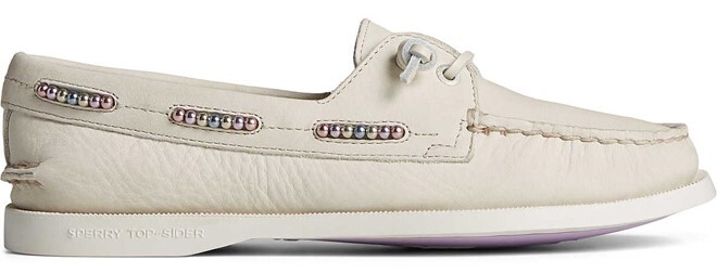 Womens Authentic Original Leather Beaded Boat Shoe in Off White Color