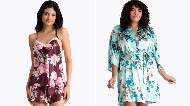 Womens LilacLondon Satin Pajama Cami Pajama Shorts Sleep Set and Plus Size LilacLondon Print Satin Wrap Robe
