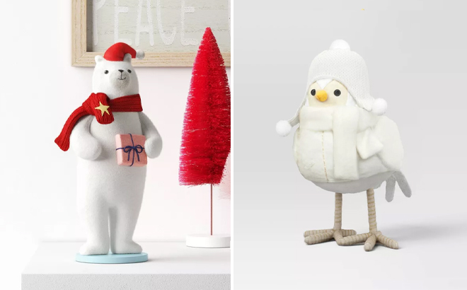 Wondershop Bear Figurine Holding Christmas Gift and Bird Figurine Wearing Knit Earflap Cap