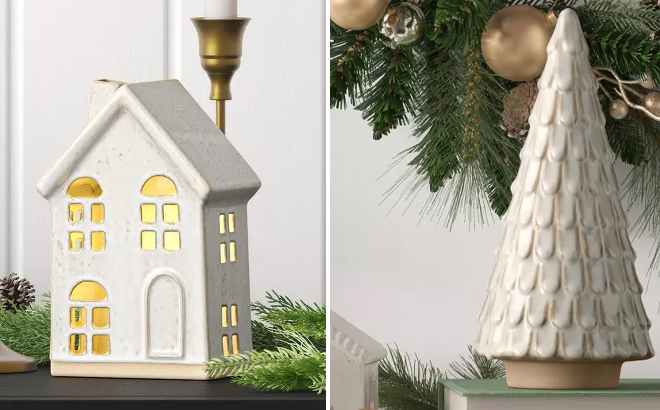 Wondershop Lit Ceramic House Christmas Building and Christmas Tree Figurine