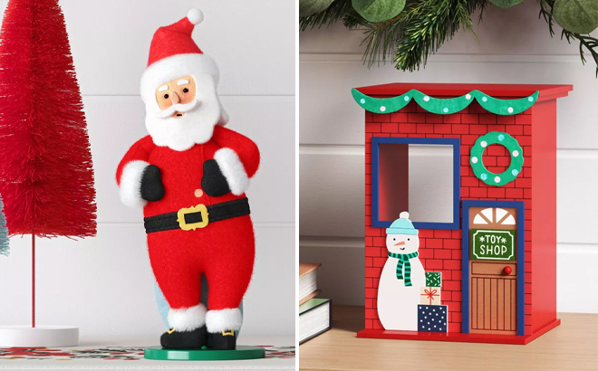 Wondershop Santa Figurine with Blue Gift Bag and Wood Brick Toy Shop Village Building