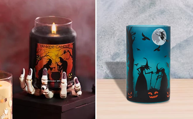 Yankee Spooky Skeleton Hand and Witches Candle Holders