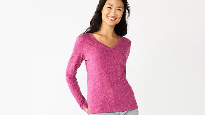 a Woman Wearing a Sonoma Goods For Life Petite Everyday Long Sleeve V Neck Top