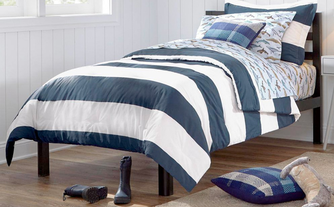 3 Piece Midnight Blue and White Rugby Stripe Cotton FullQueen Comforter Set