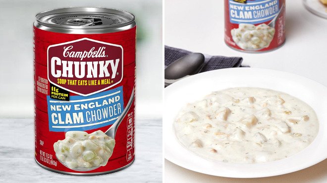 A Can of Campbells Chunky Soup New England Clam Chowder on the Left and Same Item on a Plate on the Right