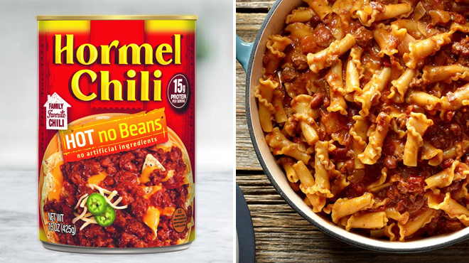 A Can of Hormel Chili Hot No Beans on the Left and Same Item with pasta on the Right