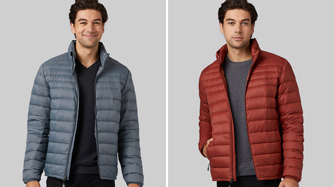 A Man Wearing 32 Degrees Packable Jacket in Smoke Grey on the Left and Roasted Picante on the Right