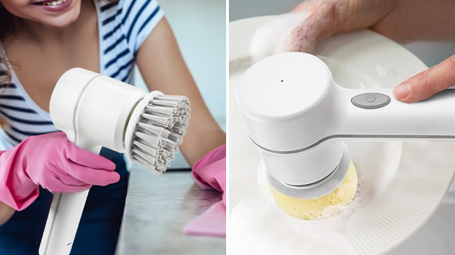 A Woman Using an Electric Spin Scrubber on the Left and Closer Look at the Same Item on the Right