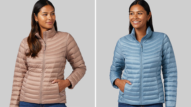 A Woman Wearing 32 Degrees Packable Jacket in Metallic Taupe on the Left and Citadel on the Right