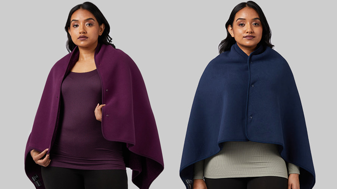 A Woman Wearing 32 Degrees Sherpa Wearable Blanket in Potent Purple on the Left and Night Sky on the Right