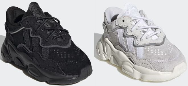 Adidas Ozweego Shoes in Core Black Color on the Left Side and in Crystal White Color on the Right Side